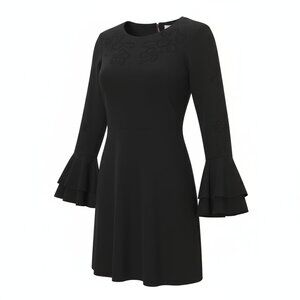 PARKER Black Orlando Dress Laser-Cut Perforated Bell Sleeve Fit & Flair Size 6